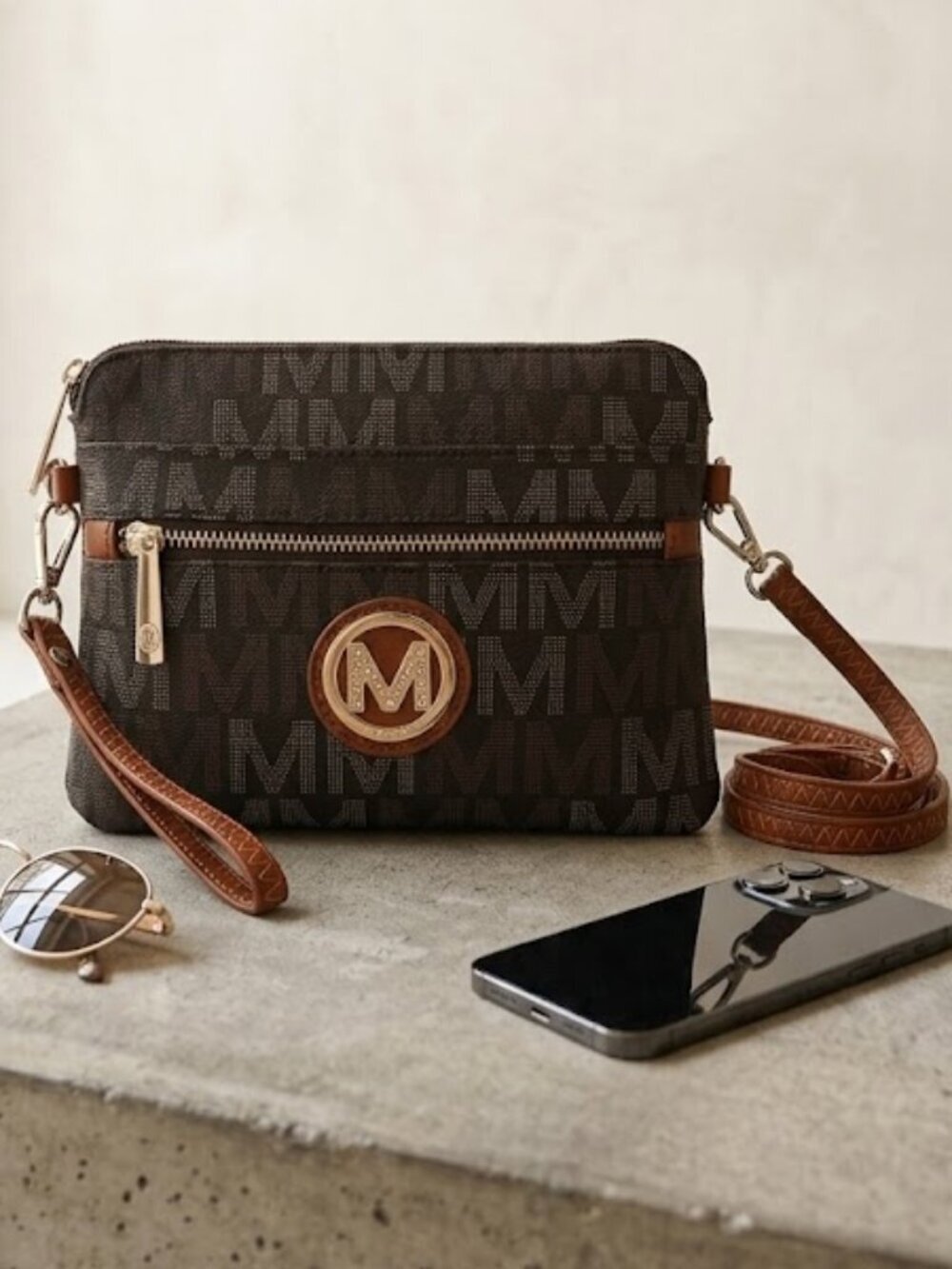 MKF Collection Heidi Monogram Crossbody Bag Wristlet Wallet Brown Vegan Leather - Picture 1 of 13
